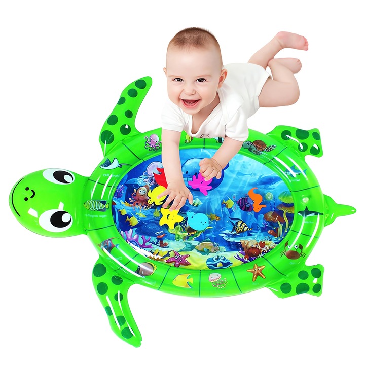 Saltea cu Apa pentru Bebelusi Testoasa Teno®, centru de activitati si joaca, gonflabila, umpluta cu lichid, jucarii senzoriale tip animale marine, design distractiv, verde