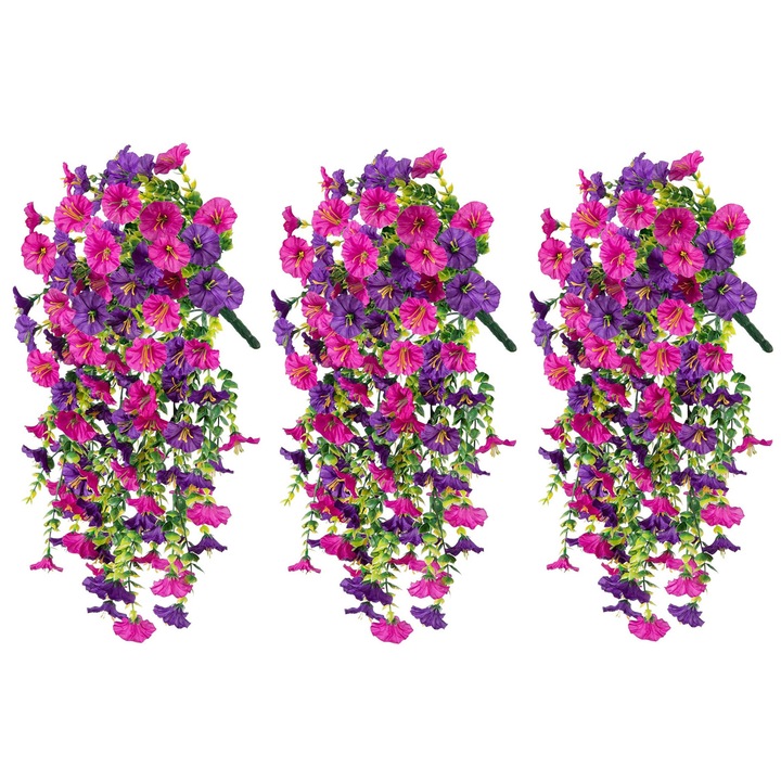 Set 3 plante artificiale suspendate, Axroad Mall, Planta artificiala violetele, Simulare de maiestrie, Rezistent la UV, Fara intretinere necesara, Pentru nunta petrecere gradina in aer liber verdeata acasa decorare de perete, Plastic, Lungime 75cm, Rosu