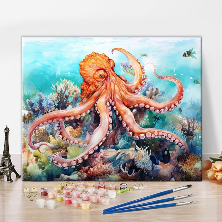 Pictura pe panza numerotata 40x50 cm, vopsea acrilica, pensule, suporti atarnare, "Caracatita"