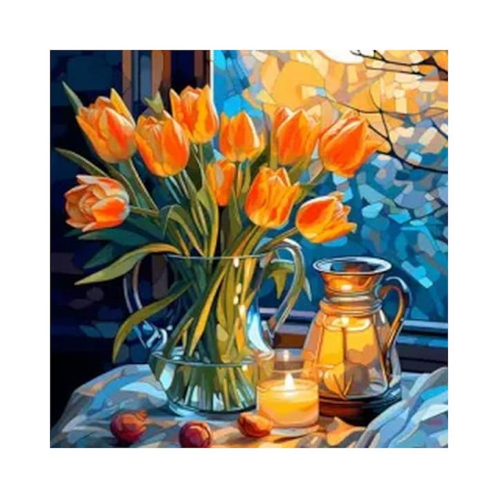 Pictura pe panza numerotata 40x50 cm, vopsea acrilica, pensule, suporti atarnare, "Lalele portocalii"