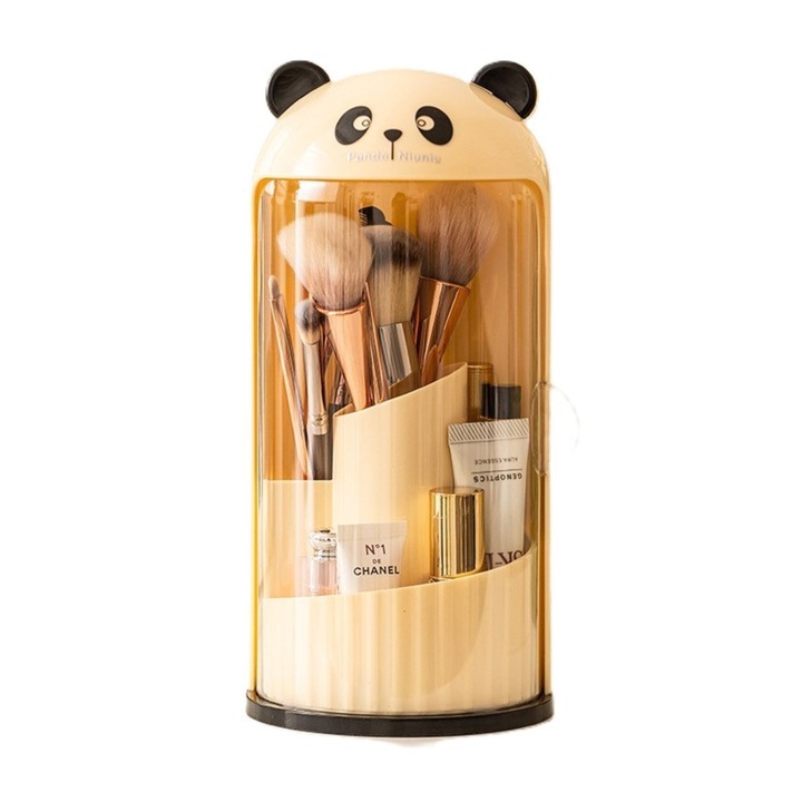 Suport Rotativ 360° pentru Pensule Machiaj, Cutie Organizatoare cu Design Panda, Capac Transparent cu Deschidere Laterala, Rezistent la Praf si Umiditate, Dimensiune 24x12x12cm, Galben, Pentru Uz Casnic si de Birou