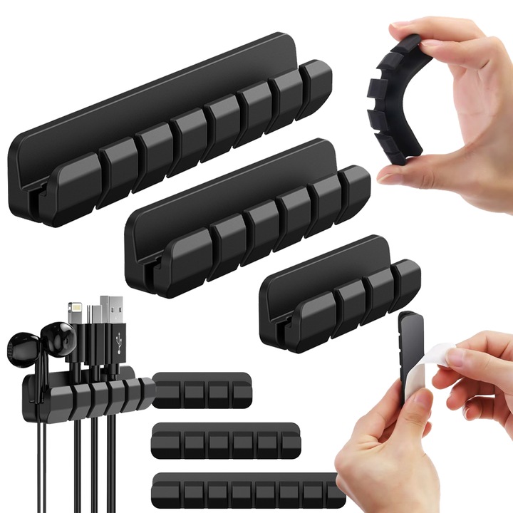 Organizator de cabluri, clema pentru cablu, pachet de 3 suporturi pentru cabluri, suport super adeziv pentru cablu de birou pentru cablu de incarcare USB, cablu de mouse, birou, casa si masina (negru)