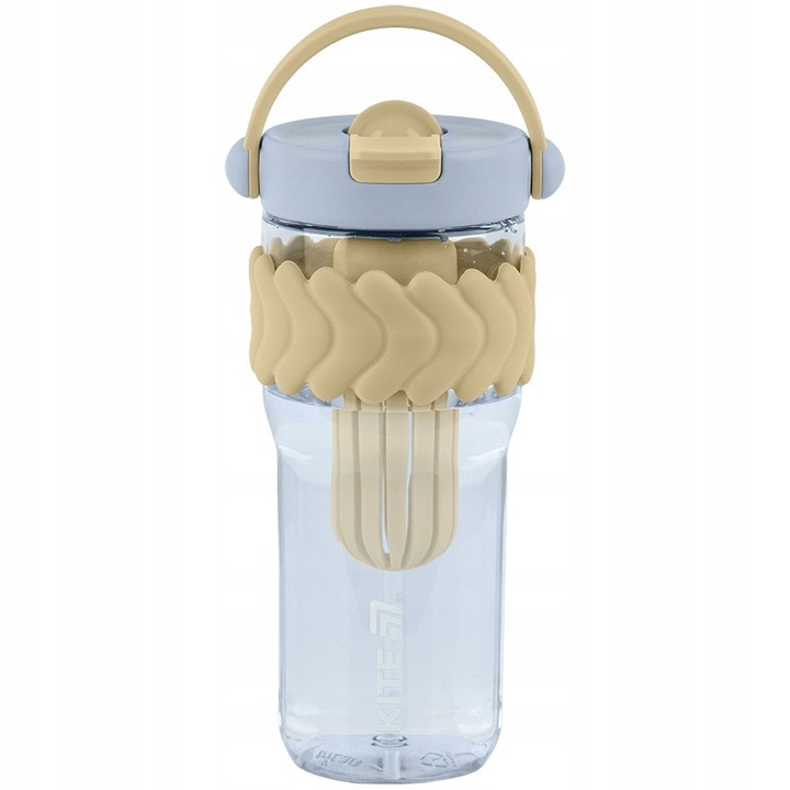 Bidon tritan copii Kite, 900 ml, bej-albastru pastel, cu infuzor fructe, pai si capac etans, sticla fara BPA pentru scoala, sport si drumetii
