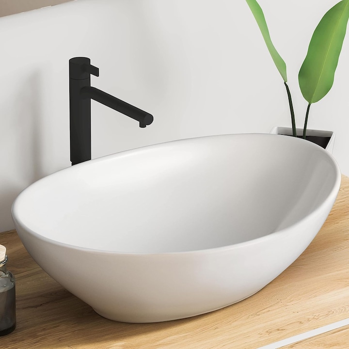 Lavoar baie din ceramica VMbathrooms – design oval, montare pe blat, usor de instalat, suprafata lucioasa, anti-zgarieturi, 33 x 41 x 14.5 cm, Alb pur