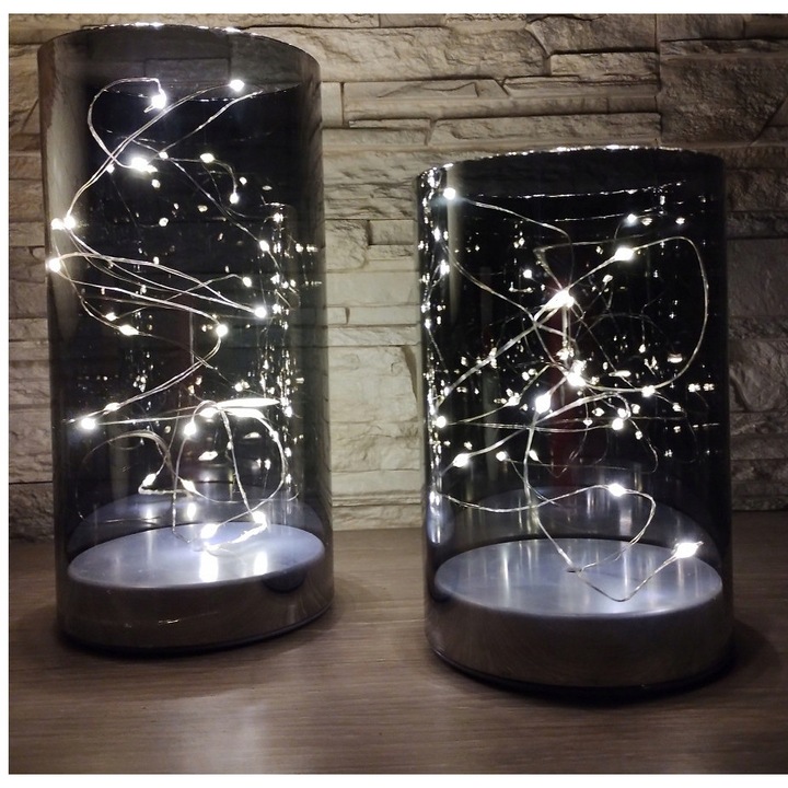 Set 2 vaze LED, sticla, cu lumina calda, gri, 10x15cm si 10x20cm