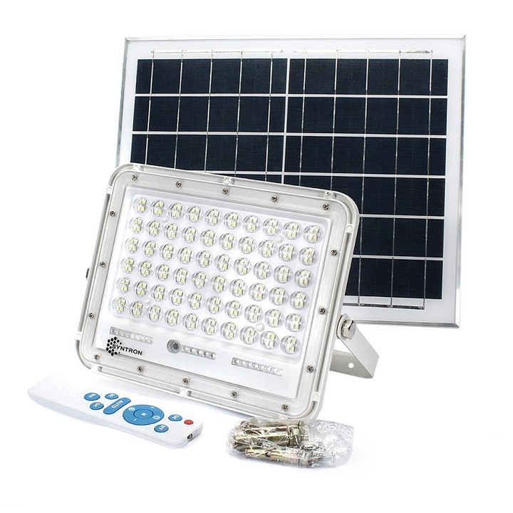Мощен соларен прожектор Syntron™ 100W, с LED дисплей за нивото на зареждане, 12W соларен панел 29x35 см и дистанционно управление
