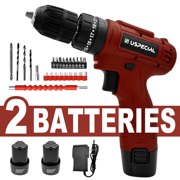 Bormasina fara fir USPECIAL 12V, compacta, portabila, 1.5Ah, set scule