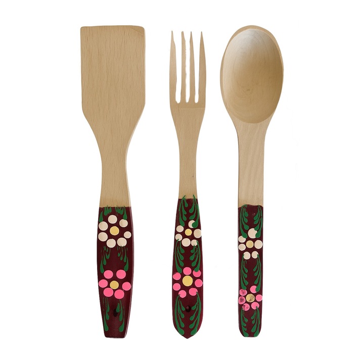 Set 3 ustensile din lemn pictate manual, suvenir, lingura, furculita, paleta – design traditional, utilizabile in contact cu alimentele