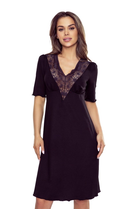 Eldar, Flor, Rochie de noapte, cu dantela, neagra, Negru