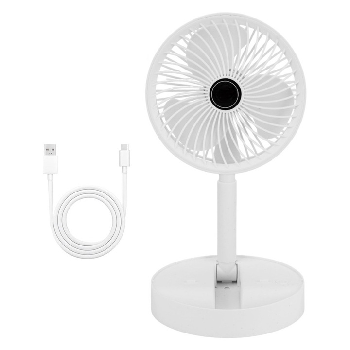 Ventilator pliabil de Birou, Alb, Telescopic, Portabil, 3 viteze, reglabil 180°, incarcare USB, Ideal pentru Birou, Dormitor