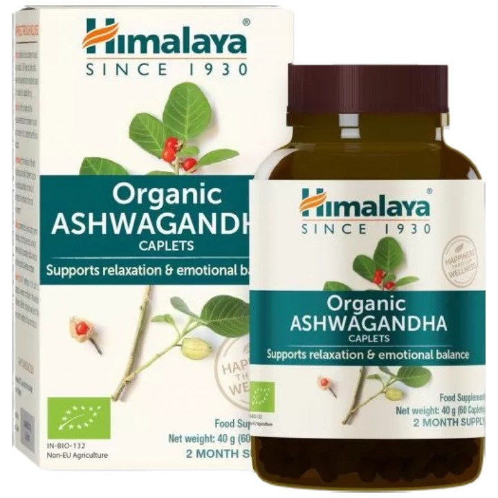 Supliment alimentar Himalaya Herbals Organic Ashwagandha Caplets Sustine Relaxarea si Echilibrul Emotional, 60 capsule