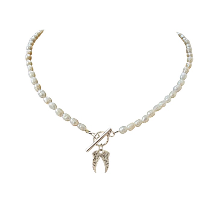 Colier Angel Wings din perle de cultura si pandantiv din argint, 40 cm