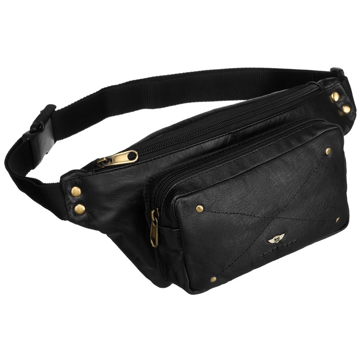 Borseta Pentru Barbati Din Piele, Peterson, Fabricat Din Piele Naturala, 12x30x11 cm, Curea Reglabila, Spatios Si Bine Organizat, Fermoare Sigure, Negru