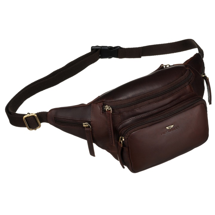 Borseta Pentru Barbati Din Piele, Peterson, Material Piele Naturala, 15x37x12 cm, Curea Lunga Din Textil, Reglare Lungime Curea, 4 Buzunare Suplimentare, Culoare Maro