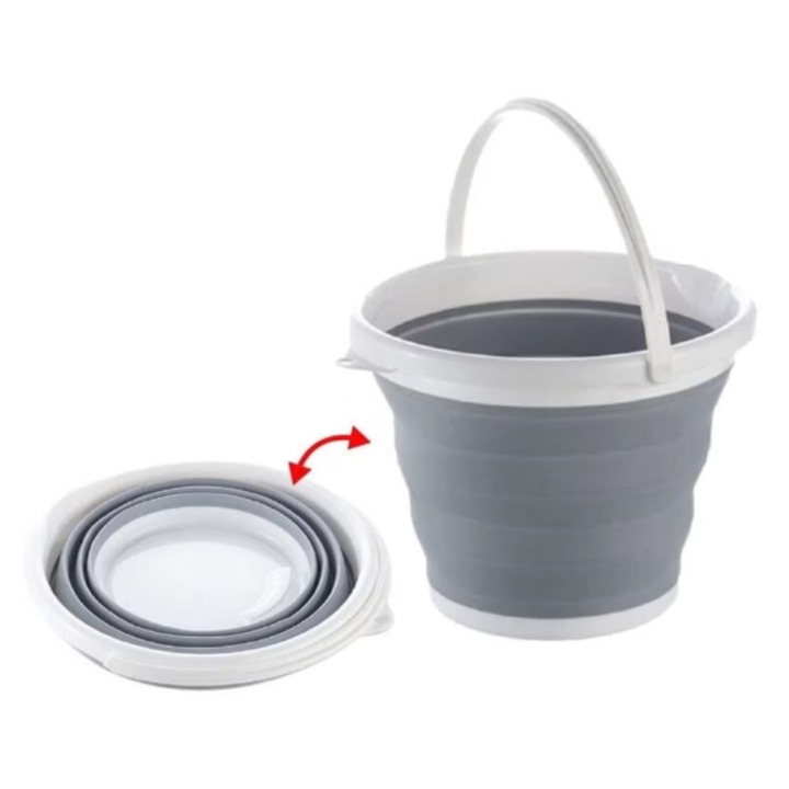 Galeata Pliabila 6L, Silicon Si Plastic Dur, Compacta, Portabila, Pentru Camping, Curatenie, Gri-Alb