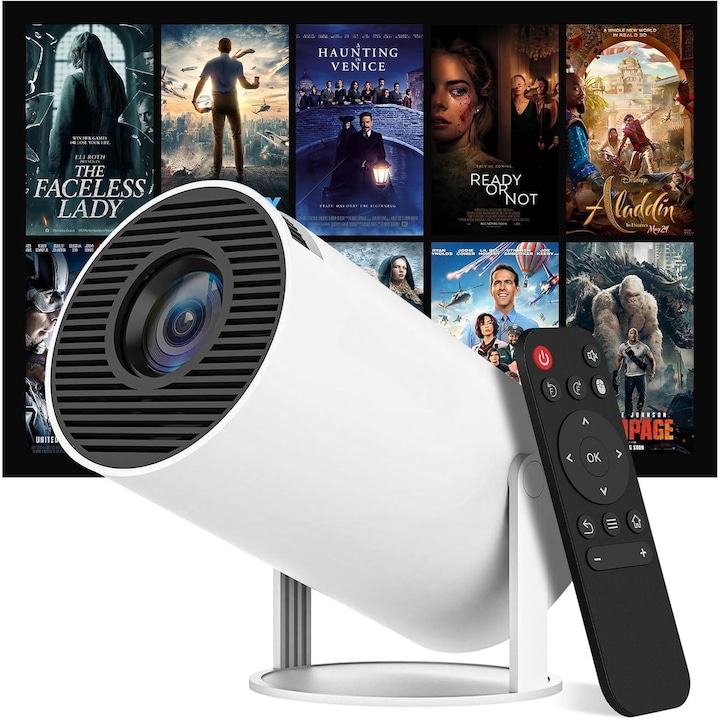 Videoproiector Portabil Smart LED 4K Ultra HD, 7000 Lumeni, 200 ANSI, Android 11, Autofocus, Auto Keystone, Rotatie 180°, WiFi6, Bluetooth 5.0, HDMI, USB, Mirroring iOS/Android, Difuzor HiFi, Proiectie Ajustabila pana la 130 Inch, Alb| Performanta Maxima