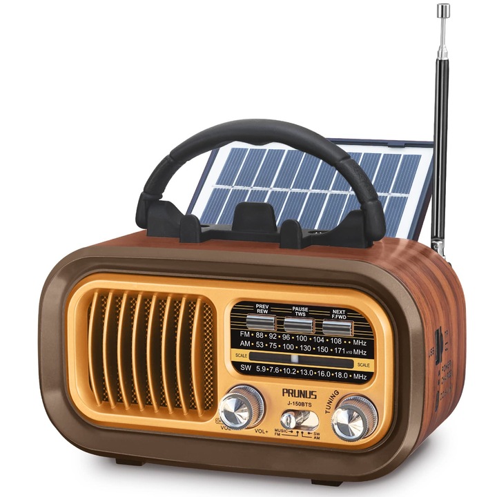 Radio portabil J-150, AM/FM/SW, Bluetooth, alimentare solara/USB, suport pentru telefon, culoare maro, dimensiuni 15.7x8.5x12cm