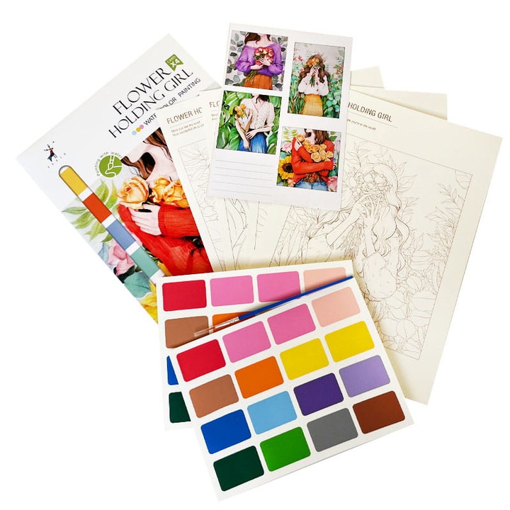 Акварелна картина - Момиче с цветя - 4 елемента