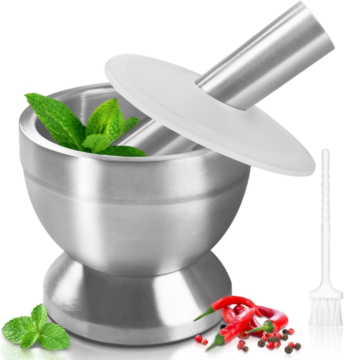 Mojar cu pistil si capac, Hokitpro Mortar si pistil mare din otel inoxidabil, mortar pentru tablete cu capac, perie, baza antiderapanta pentru macinarea ierburilor, condimentelor, pastilelor, sigur pentru alimente, 380ml, diametru 11.6cm