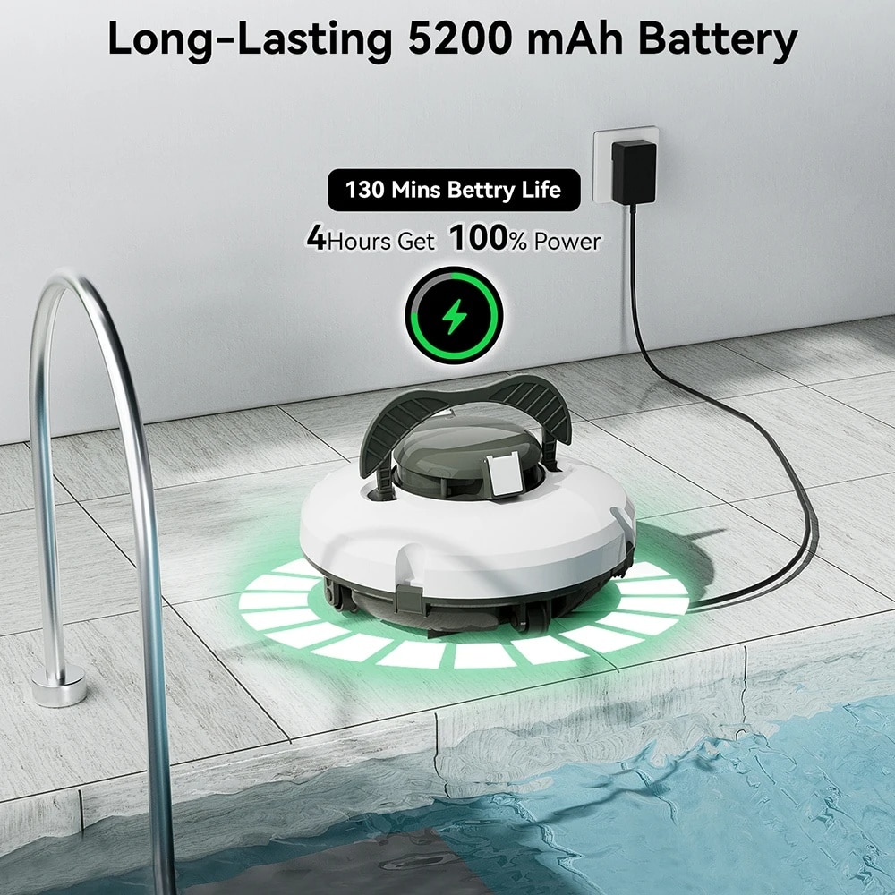 Redkey S100 Robot Piscina fara Fir si Carlig de recuperare – 5200mAh/130min Autonomie, Etansare IPX8, Captura de microparticule Filtrare 180μm, Tehnologie Auto-Parcare, Urcare 18°, Motoare Duale, Stralucire Durabila, Alb perlat