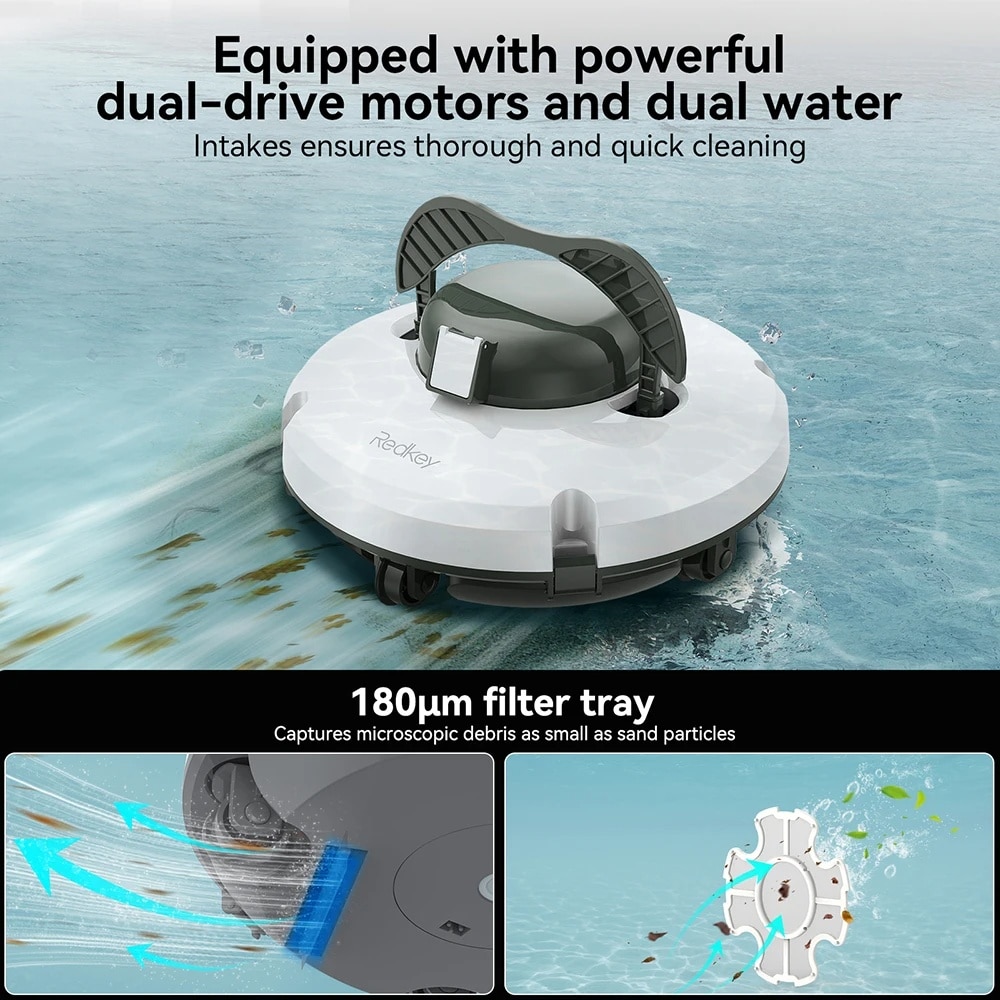 Redkey S100 Robot Piscina fara Fir si Carlig de recuperare – 5200mAh/130min Autonomie, Etansare IPX8, Captura de microparticule Filtrare 180μm, Tehnologie Auto-Parcare, Urcare 18°, Motoare Duale, Stralucire Durabila, Alb perlat