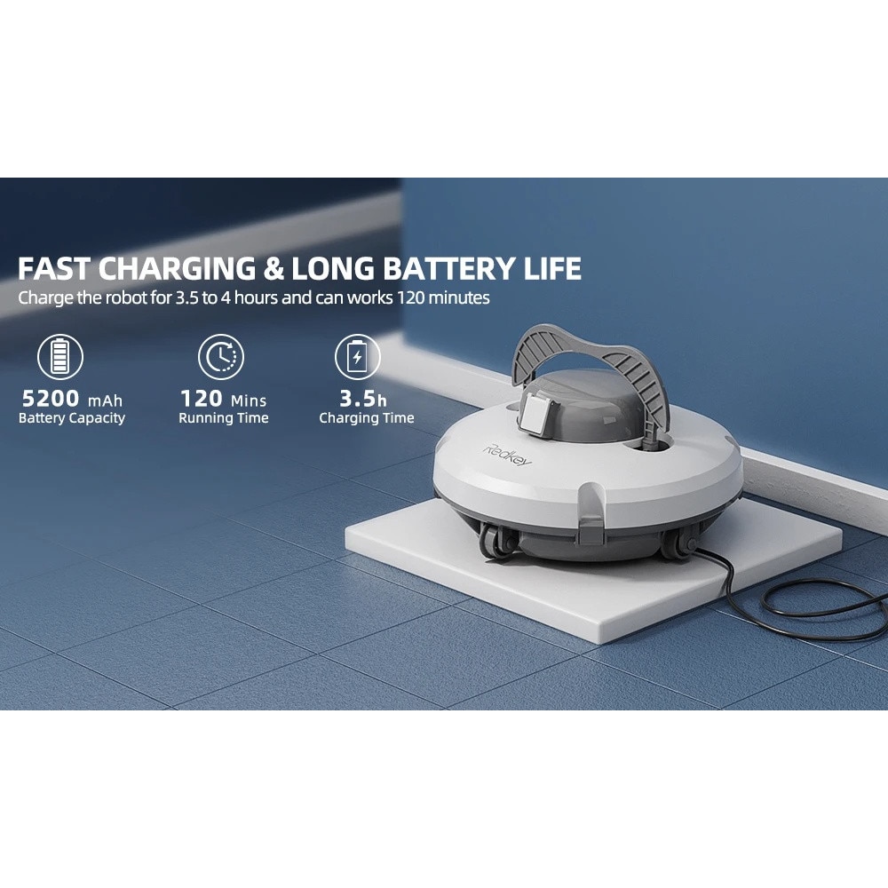 Redkey S100 Robot Piscina fara Fir si Carlig de recuperare – 5200mAh/130min Autonomie, Etansare IPX8, Captura de microparticule Filtrare 180μm, Tehnologie Auto-Parcare, Urcare 18°, Motoare Duale, Stralucire Durabila, Alb perlat
