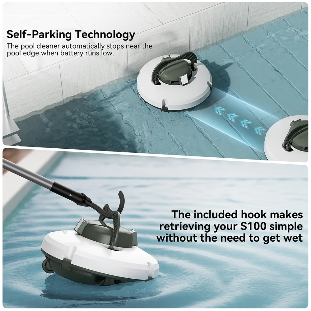Redkey S100 Robot Piscina fara Fir si Carlig de recuperare – 5200mAh/130min Autonomie, Etansare IPX8, Captura de microparticule Filtrare 180μm, Tehnologie Auto-Parcare, Urcare 18°, Motoare Duale, Stralucire Durabila, Alb perlat