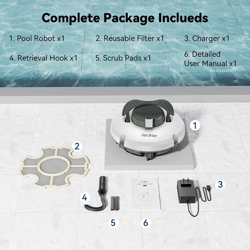 Redkey S100 Robot Piscina fara Fir si Carlig de recuperare – 5200mAh/130min Autonomie, Etansare IPX8, Captura de microparticule Filtrare 180μm, Tehnologie Auto-Parcare, Urcare 18°, Motoare Duale, Stralucire Durabila, Alb perlat