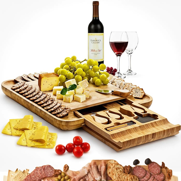 Set Platou Servire Elindor® din Bambus Natural, Cutite Branzeturi, Furculita – Ideal pentru Aperitive, Fructe, Cadouri Casa Noua, Nunta sau Petreceri, Ziua Indragostitilor, Craciun