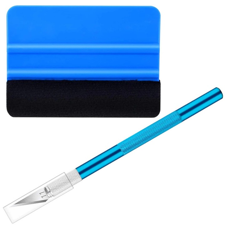 Set Montaj Folie Colantare Auto, Cutter Metalic si Racleta Silicon cu Pasla