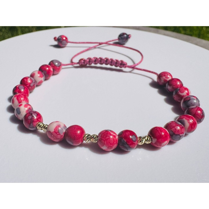 Bratara cu pietre semipretioase Jad si 6 bile din AUR 14K, pe snur reglabil