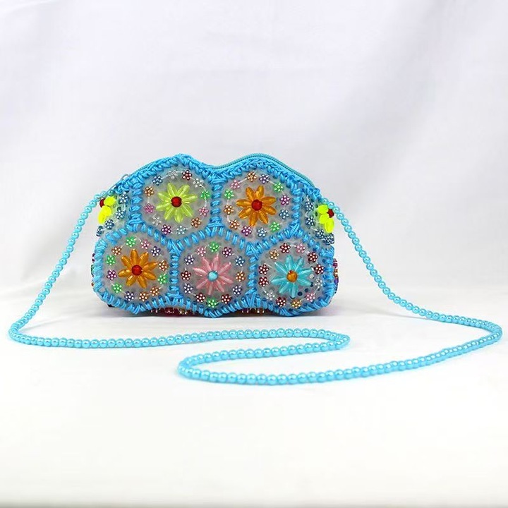 Geantă de perle cu margele manuale, crossbody, albastru, fermoar, acril
