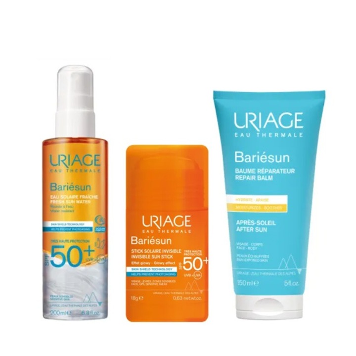 Set Uriage Bariesun Protectie solara si ingrijire dupa plaja – Apa solara SPF 50+ 200 ml, Stick solar invizibil SPF 50+ 18 g, Balsam reparator dupa plaja, 150 ml