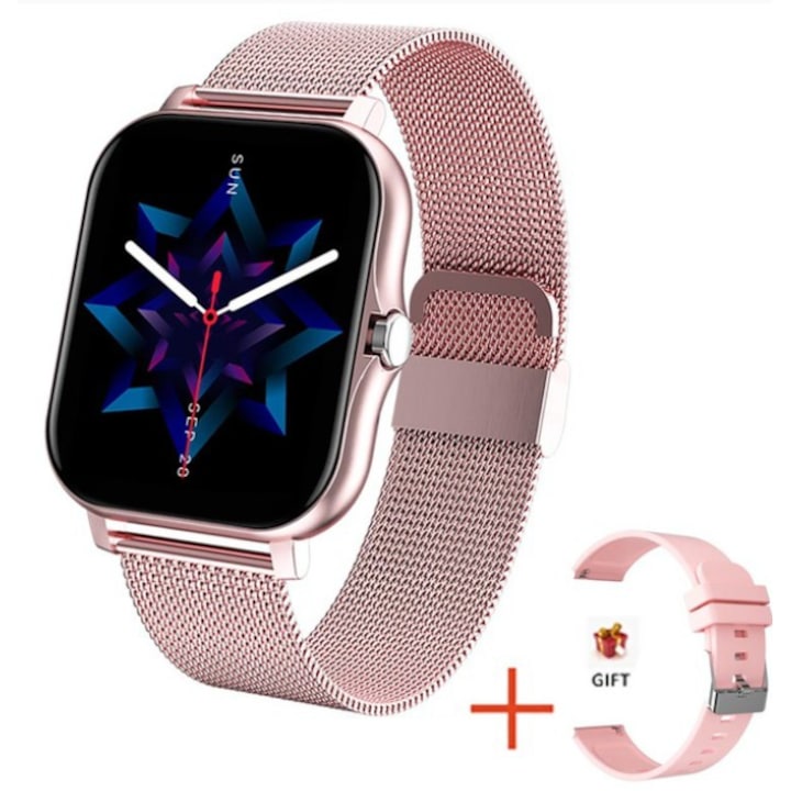 Ceas inteligent sport pentru barbati sau femei, cu 2 curele INCLUSE otel inoxidabil si silicon, tracker fitness, notificare apel/mesaj, tracker fitness- ROZ