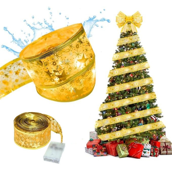 Tioialz® Ghirlanda Panglica Decor Craciun Brad, 10m 100 LED-uri Lumina Alba Calda, Alimentare cu 3 Baterii AA, Ideala pentru Decoruri Festive, Cadouri si Evenimente, Culoare Auriu