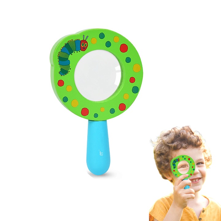 Lupa pentru copii, TREXORA, design omida, plastic sigur, maner din lemn, verde, 3+ ani