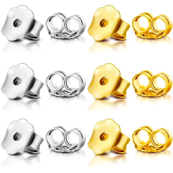 Set 12 accesorii cercei, TREXORA, design fluture, argintiu/auriu, pentru posturi cercei 75-80mm