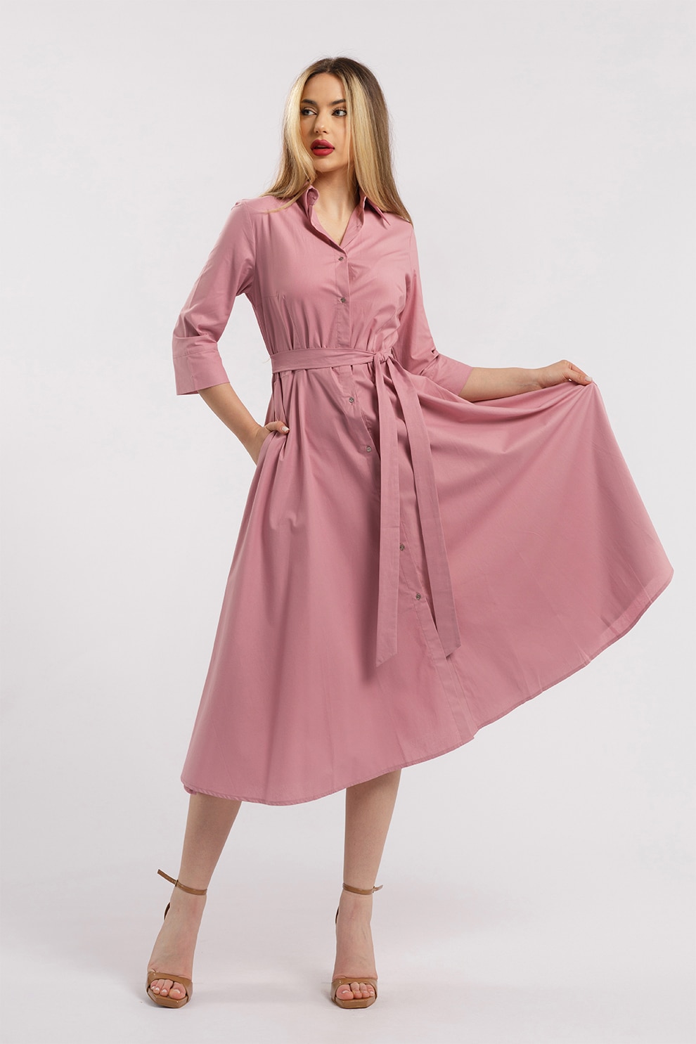 CAMISSI, Rochie-camasa evazata cu cordon in talie, Roz prafuit, XL
