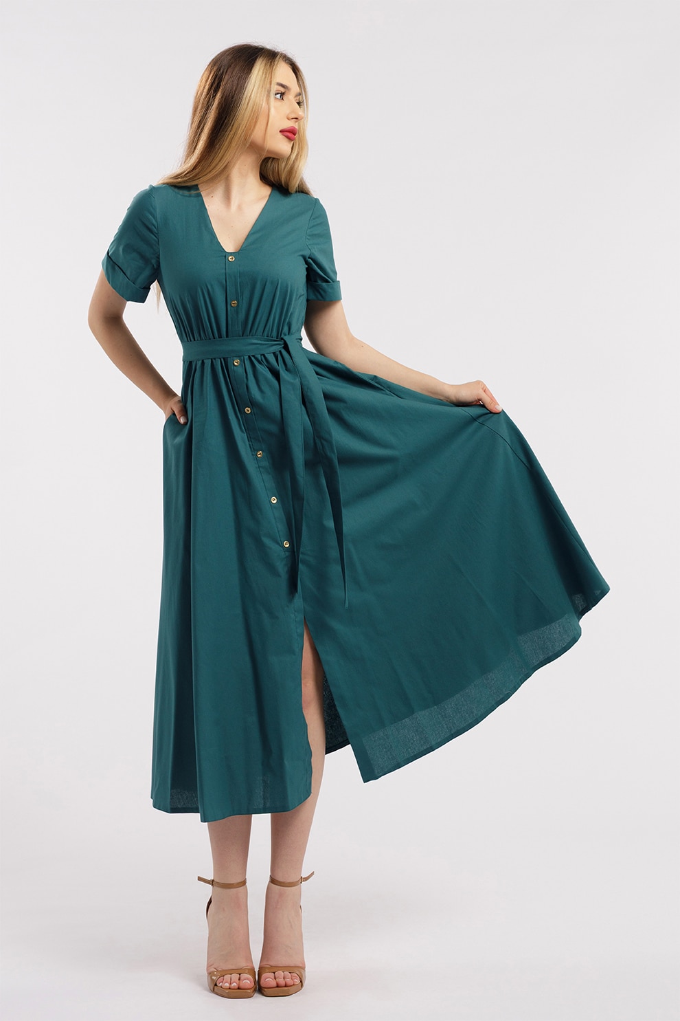 CAMISSI, Rochie-camasa cu cordon in talie, Verde inchis, L-XL
