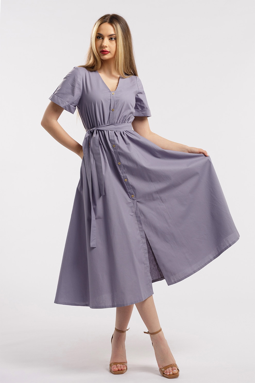 CAMISSI, Rochie-camasa cu cordon in talie, Violet prafuit, S-M