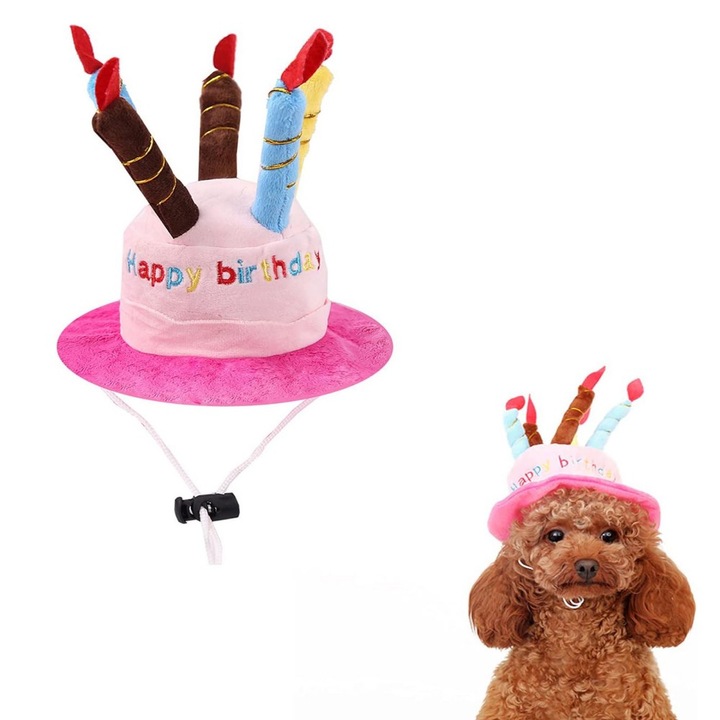 Palarie de zi de nastere TRADERPLUS pentru animale de companie, palarie in forma de tort cu lumanari colorate, accesoriu costum pentru caini si pisici de talie mica/medium, roz