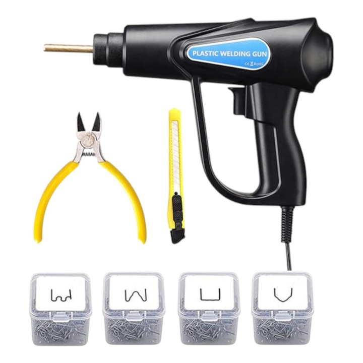 Pistol lipit / sudat plastic, kit special cu putere de 70W reparat fisuri, rupturi, ambalat in cutie contine 200 bucati capse + cutter + cleste sfic