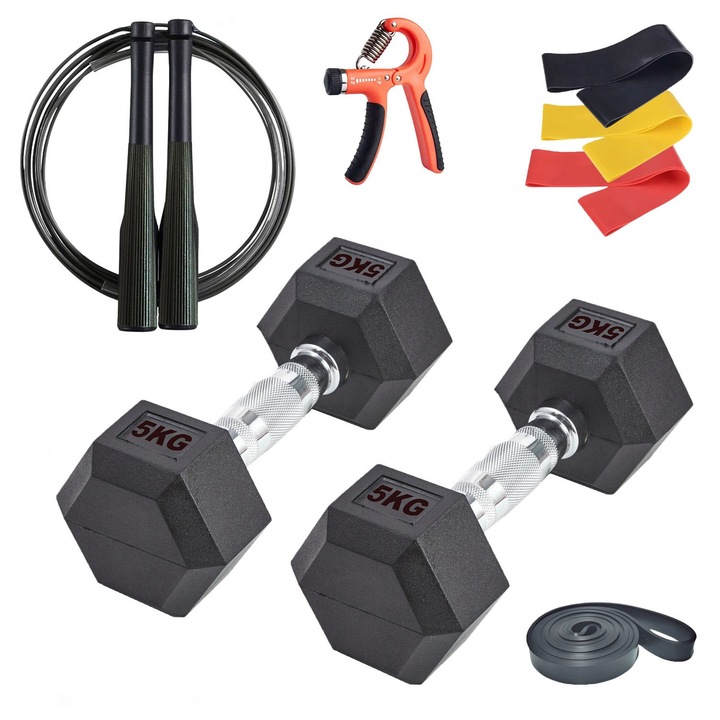 Set gantere din otel 5 KG Speedmile™, strat exterior din cauciuc, maner antiderapant, 1x Flexor maini reglabil, 1x Coarda de sarit, 1x Banda de rezistenta 2080mm, 1x Set de 3 mini benzi elastice incluse
