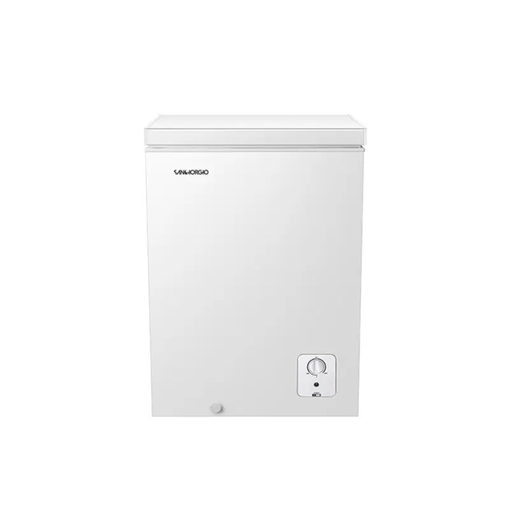 Lada frigorifica SanGiorgio, SP10SWHE, volum 95 litri, H 85.4 cm, cos pentru depozitare, temperatura ajustabila, congelare 4 stele, ideal pentru suplimentarea spatiului, silentios, alb