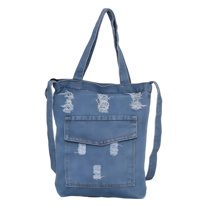 Geanta de dama din denim 12053-4, 32/36/8cm, Material textil, Albastru