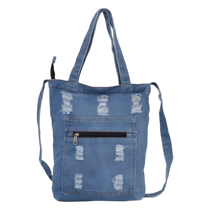 Geanta de dama din denim Perfect Line, 32/36/8cm, Material textil, Albastru