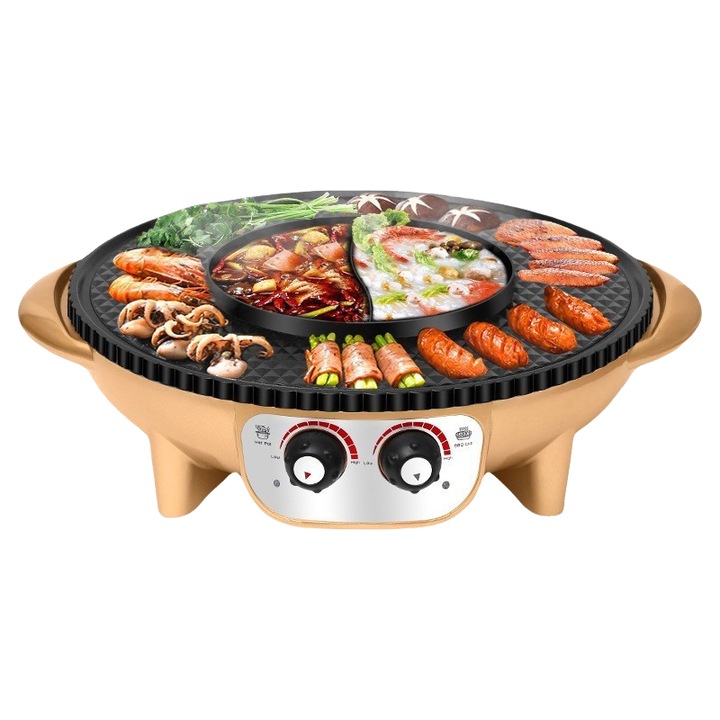 Gratar electric, 2200W, 52CM, 220V, 50-250℃, control al temperaturii, tigaie antiaderenta, putere mare de foc, potrivit pentru o varietate de alimente, auriu