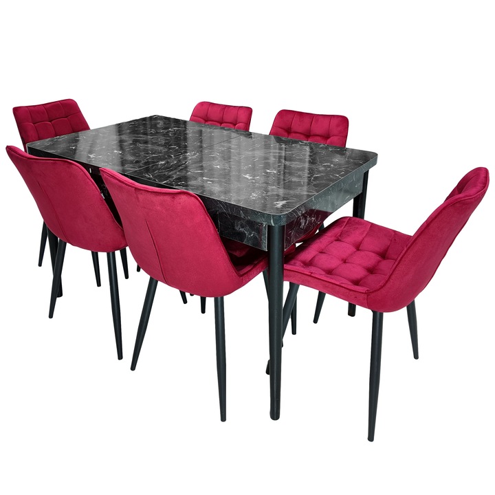Set masa extensibila Napoli Black Marble cu 6 scaune Osaka visiniu, DENVER, picioare vopsite negru, 130x80x76 cm