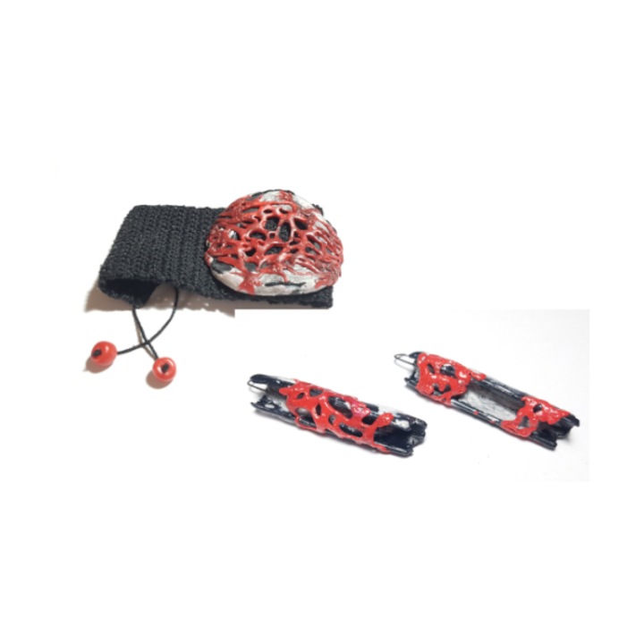 Set bratara si cercei handmade, Colectia Spider web, Negru/Rosu