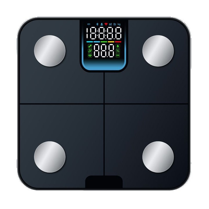Умна електронна везна, Bluetooth, LED дигитален дисплей, 180 кг, 24 показания за телесна маса и измерване на пулса, закалено стъкло, противоплъзгащо покритие, 3 AAA батерии, черна